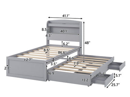Platform Bed With LED Headboard, Charging Station, Trundle And 2 Drawers