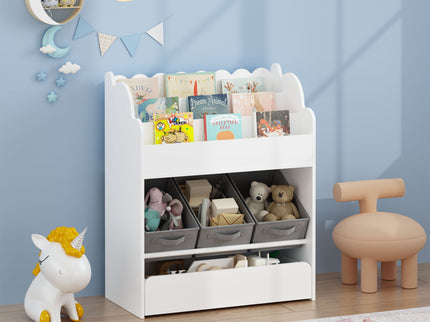 Bookshelf With Storage Bins And Drawer, Multi Functional Book Organizer For Toddlers - White