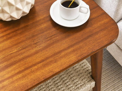 Mid - Century Square Side Table With Woven Shelf - Walnut