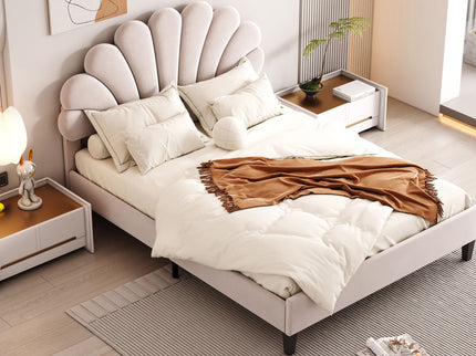 Upholstered Platform Bed With Flower Pattern Headboard
