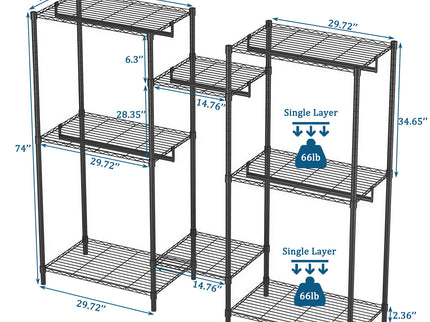 Heavy Duty Garment Rack With 8 Adjustable Wire Shelves And 5 Clothes Rails, Freestanding Closet Organizer Metal - Black