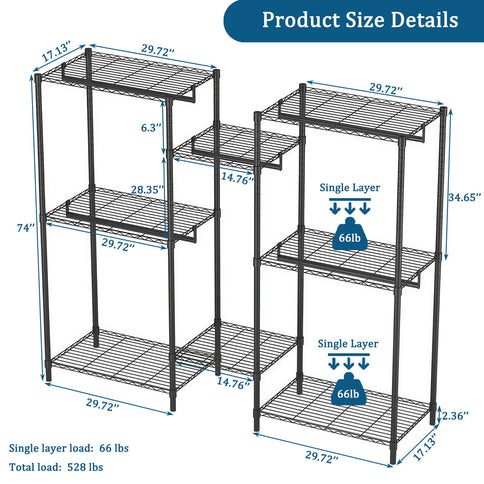 Heavy Duty Garment Rack With 8 Adjustable Wire Shelves And 5 Clothes Rails, Freestanding Closet Organizer Metal - Black