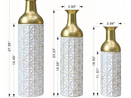 Tall Textured Geometric Decorative Floor Vases Home Decor (Set of 3) - White / Gold