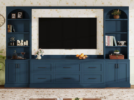 Arched Entertainment Center Wall Unit With 6 Drawers, Large TV Stand With Bookshelves