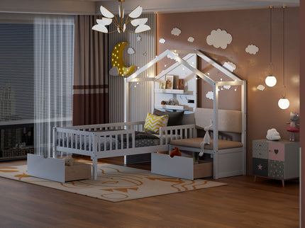House Bed With Upholstered Sofa, Wireless Charging Station, Shelves And 2 Drawers