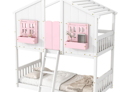 House Bunk Bed With Roof, Window, Window Box, Door, With Safety Guardrails And Ladder