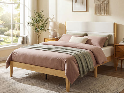 Platform Bed Frame With Upholstered Headboard, Slat Support