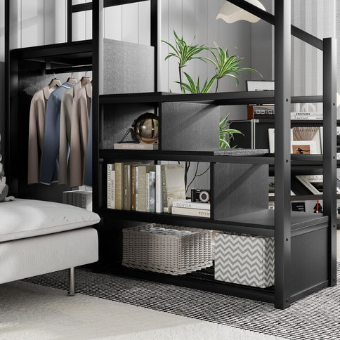 Queen Size Loft Bed With Stairs, Storage Shelves, Wardrobe - Black