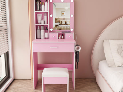 Vanity Table With Mirror, Adjustable LED Lights, Power Outlet, Hairdryer Holder & Stool