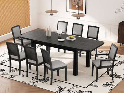 Topmax - Rustic Extendable Dining Table Set With Removable Leaf, 6 Upholstered Armless Dining Chairs And 2 Padded Arm Chairs, 9 Pieces