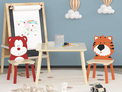 Table And 2 Chairs Set, Activity Play Table Set With Bear & Tiger Design - Natural