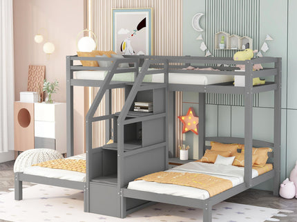 Twin Over Twin & Twin Bunk Bed With Built In Staircase And Storage Drawer - Gray