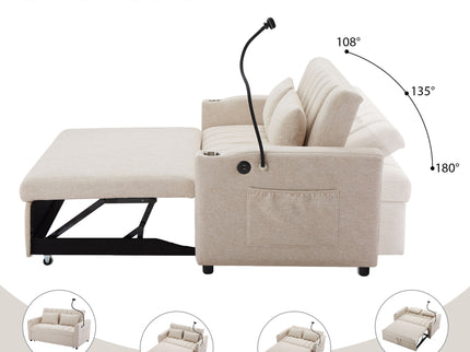 Convertible Sofa Bed Loveseat Sofa With Three USB Ports, Two Side Pockets, Two Cup Holders And 360° swivel Phone Holder For Living Room