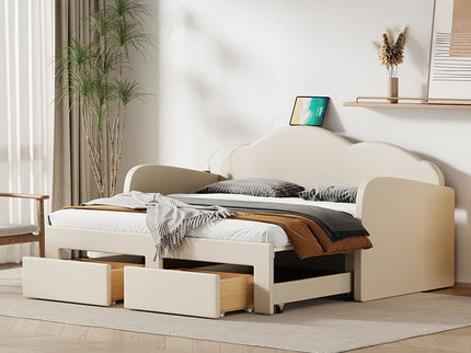 Upholstered Daybed With Cloud-Shaped Backrest, Trundle & 2 Drawers And USB Ports
