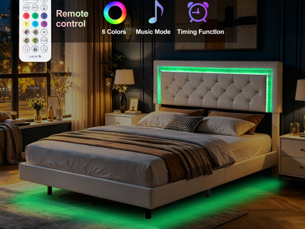 Platform Bed Frame With Adjustable Upholstered Headboard, RGB LED Lights, No Box Spring Needed