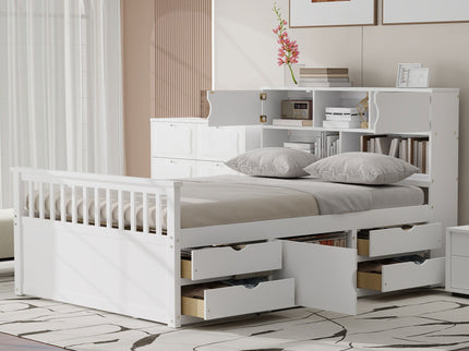 Captain Platform Bed Frame With Bookcase Headboard, 4 Drawers, Storage Shelves
