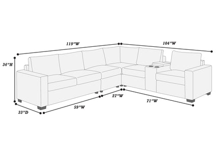 Modern Style L-Shape Sectional Set, USB Ports, Cup Holder