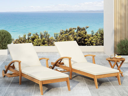 Versatile Chaise Lounge With Wheels Acacia Wood Recliner For Patio - Cream