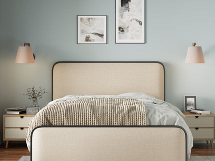 Modern Bed With Curved Upholstered Headboard And Footboard, Heavy Duty Metal Slats