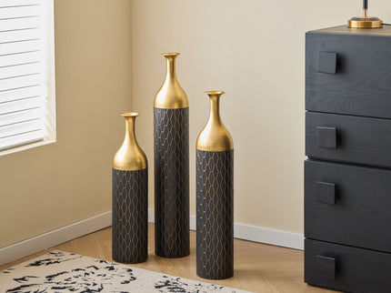 Elegant Floor Vase Set Metal Decorative Vases 3 Piece Set For Floral Display, Wedding & Gift Decor - Gold / Black
