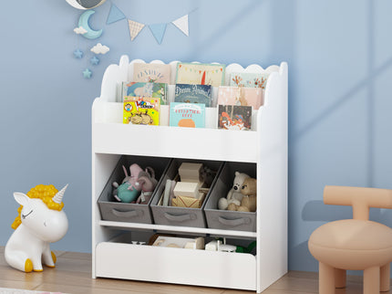 Bookshelf With Storage Bins And Drawer, Multi Functional Book Organizer For Toddlers - White
