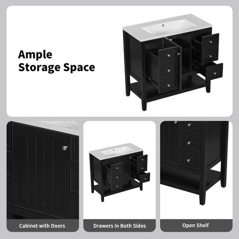 36" Bathroom Vanity & Sink, 2 Cabinet And 3 Drawers - Black