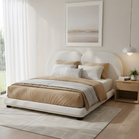 King Size Upholstered Platform Bed With Split Headboard - White