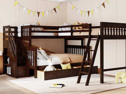 Solid L Shaped Bunk Bed With 3 Drawers, Ladder And Staircase