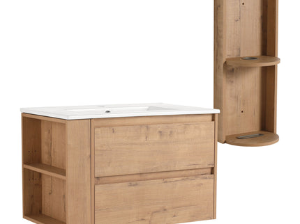 Modern Wall Mounted Bathroom Vanity With Ceramic Sink And Storage Rack, 2 Soft Close Drawers