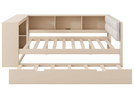Upholstered Headboard Platform Bed With Storage Shelves, Trundle, Charging Station