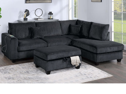 Modern Style Sectional Set With USB Port, Storage Ottoman