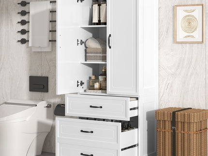 Tall Bathroom Storage Cabinet With 2 Doors And Drawers, Adjustable Shelf - White