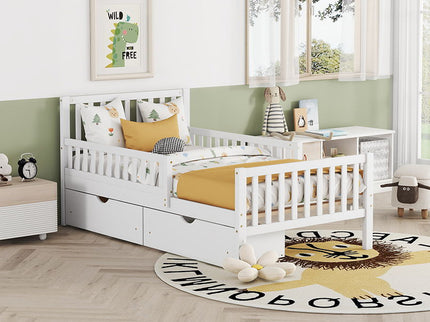 Platform Bed With Guardrails On Both Sides And 2 Storage Drawers