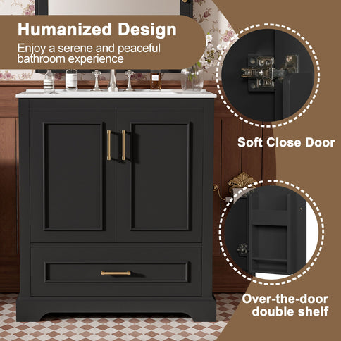 Bathroom Vanity With Sink, 1 Divided Drawer And 2 Soft Close Doors With Double Shelf