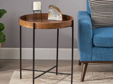 Modern Industrial Round End Table With Tray Top And Foldable Iron Legs - Natural