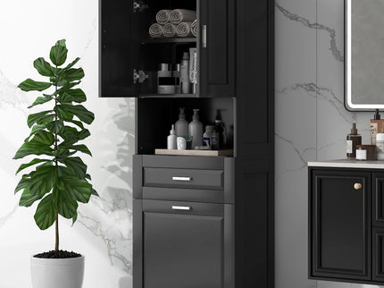 Tall Bathroom Cabinet With Tilt-Out Laundry Basket And Upper Storage