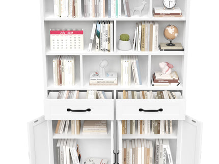 Bookcase Tall With 2 Doors & 2 Drawers, Fixed Open Shelves - White