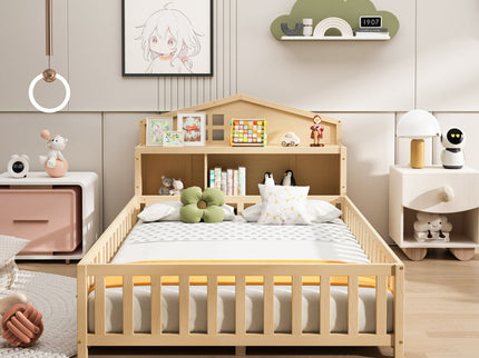 Full Size Montessori Floor Bed With Bookcases And boards, Solid Wood Platform Bed With Guard Rails And Storage Headboards - Natural