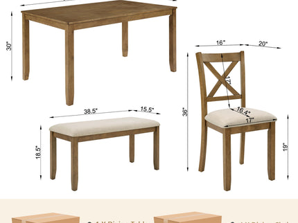 6 Piece Dining Table Set, Large Rectangular Table With Upholstered Bench & 4 X - Back Chairs, Kitchen Furniture - Oak