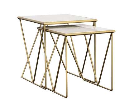 Sinclair - 2 Piece Nesting Table Set With Iron And Luxurious Marble Surface - White / Gold