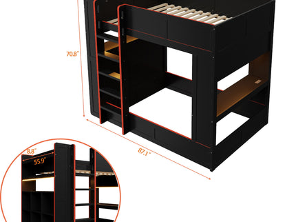 Full Size Gaming Bunk Bed With Desk, Storage Shelves, LED And Charging Station - Black