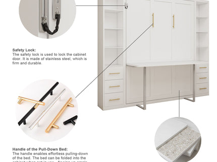 Queen Size Murphy Wall Bed With Side Storage Cabinets - White
