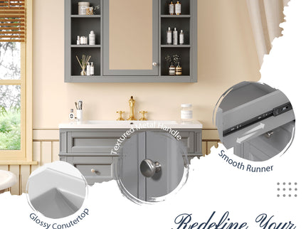 Bathroom Vanity With Mirror Cabinet, Single Sink With 2 Soft Closing Doors And 4 Drawers