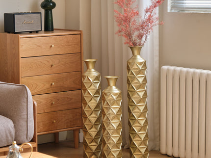 Metal Decorative Vase High Distress Metal Center Vase With 3D Triangle Pattern, (Set of 3) Vases For Home Decoration - Gold