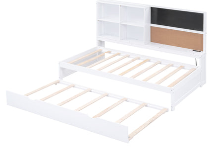 Twin Size Daybed With Storage Shelvesboard, Cork Board, USB Ports And Trundle - White
