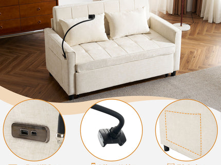 Pull-Out Sleeper Sofa With Reversible Backrest Cushion, Side Pockets, 2 USB Ports And A Phone Holder For Living Room