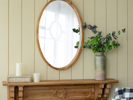 Oval Wall Mirror With Wood Frame, Farmhouse Wood Mirror For Bathroom Entryway Console Lean Against Wall - Brown