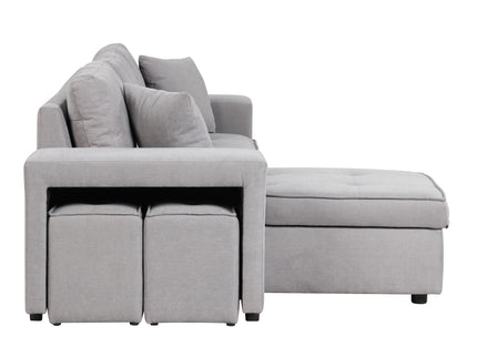 Modern L-Shape 3 Seat Reversible Sectional Couch, Pull Out Sleeper Sofa With Storage Chaise And 2 Stools For Living Room Furniture Set