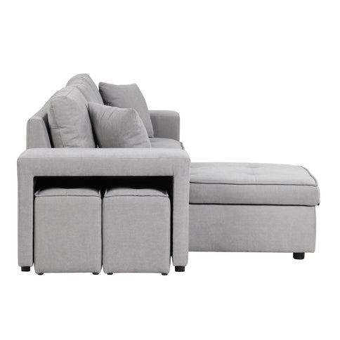 Modern L-Shape 3 Seat Reversible Sectional Couch, Pull Out Sleeper Sofa With Storage Chaise And 2 Stools For Living Room Furniture Set