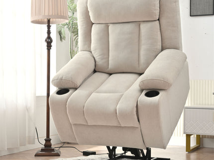 Power Lift Recliner Chair With Extended Footrest, Remote Control, Cup Holders, And Side Pockets